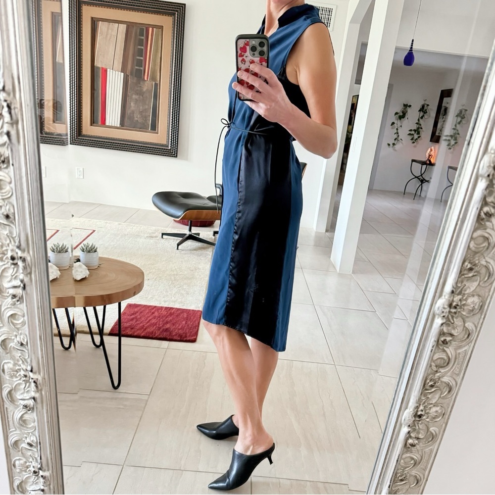 Anna Catherine Color Block Navy Blue | Black Asymmetrical Silk Dress Size S